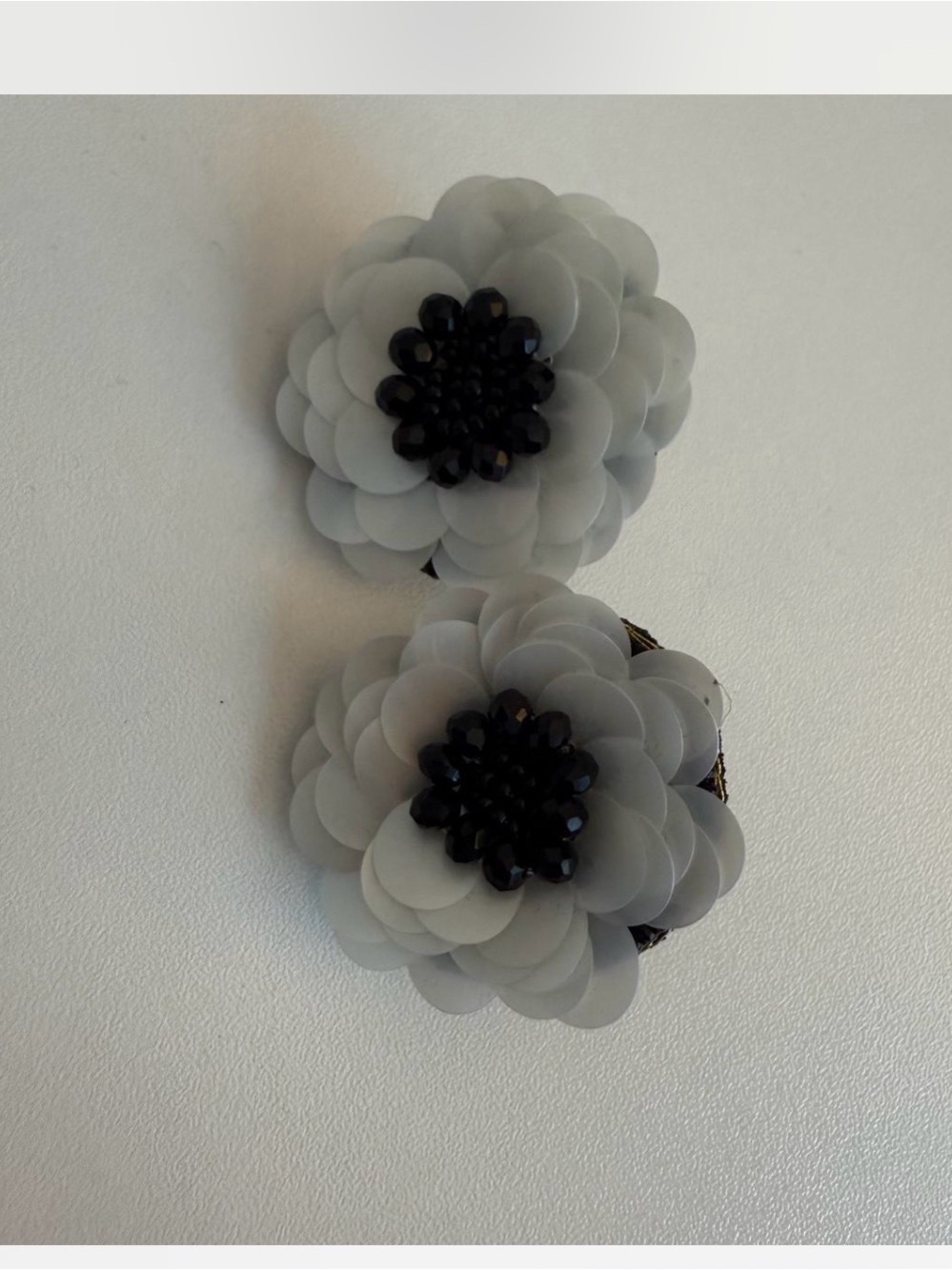 Anthropologie Gray Flower Clip Earrings with Black Beaded Centers